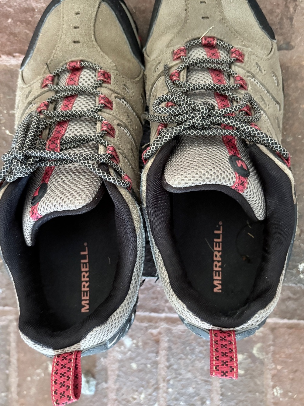 Merrell Men’s Taupe Suede & Mesh Athletic Shoes with Red Accents